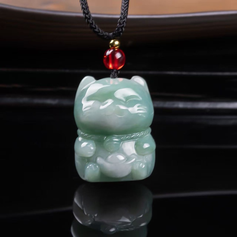 Women'S Fashion Gifts - Natürlicher Smaragd-Jade Glückskatze Anhänger Myanmar Jadeit