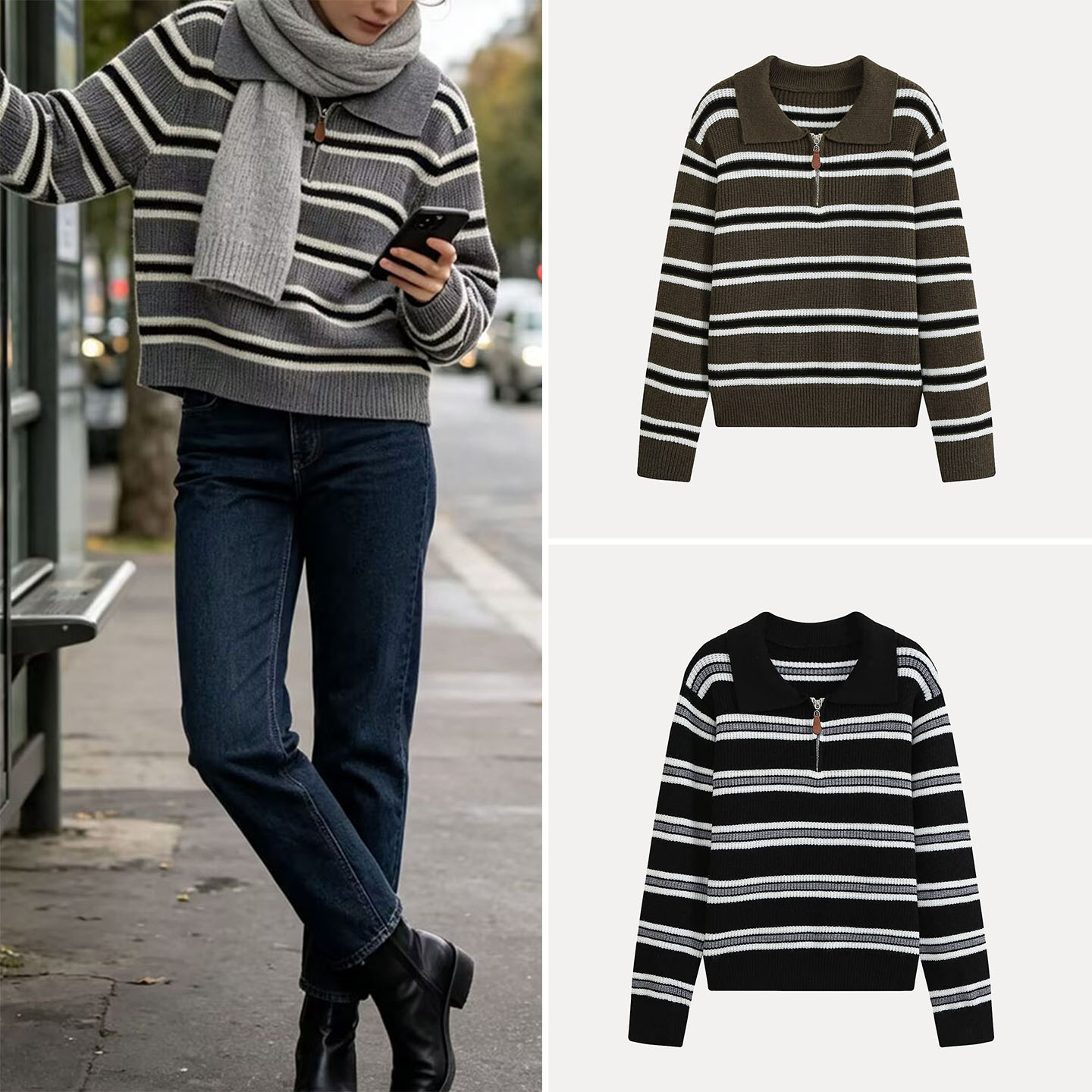 Women'S Fashion E Commerce - Modisches Gestricktes Langarm-Shirt mit Reißverschlusskragen für