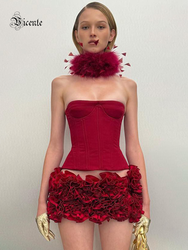 Women Fashion Reddit - VC Weihnachtskleid, trägerlos, rot strukturiertes Oberteil