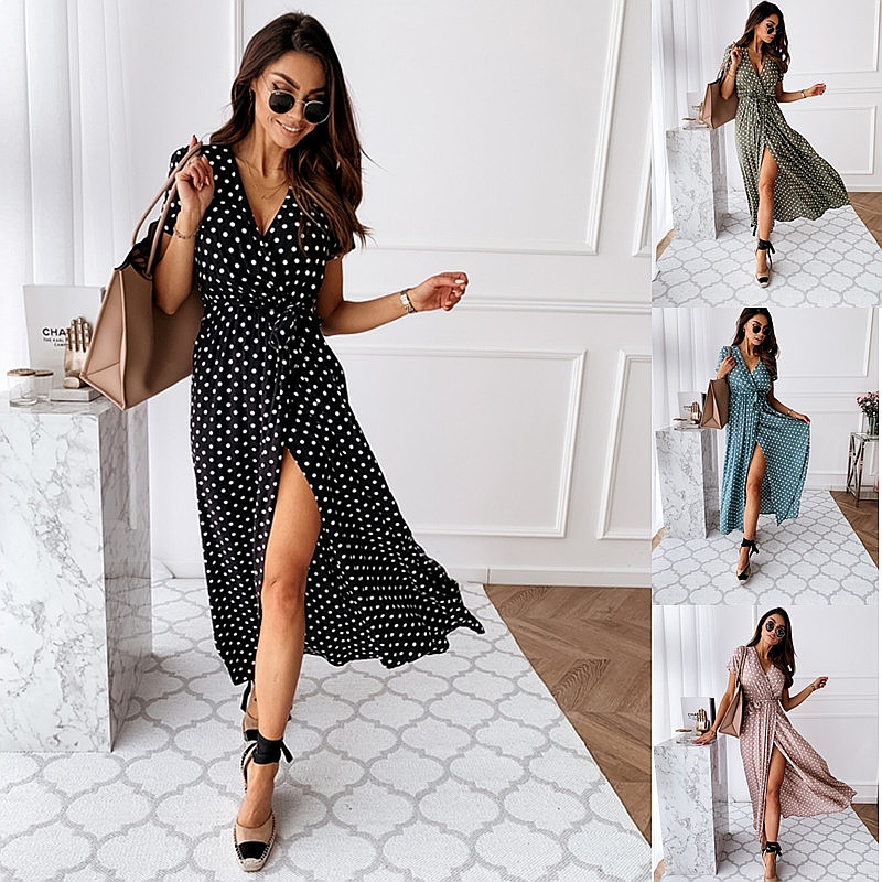 Maxi Dress Boho - Sommerliches Boho-Maxikleid mit Polka-Dot-Print, V-Ausschnitt und