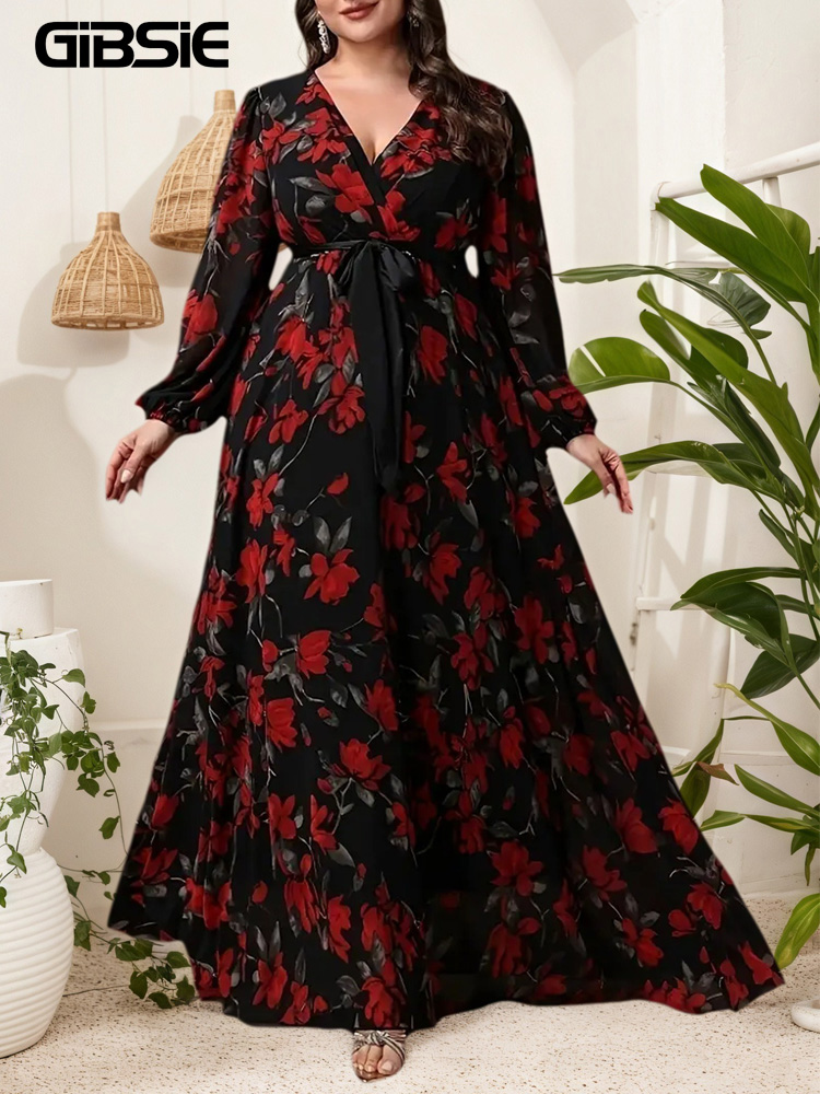 Maxi Dress Boho - GIBSIE Plus Size Blumendruck V-Ausschnitt Gürtelkleid