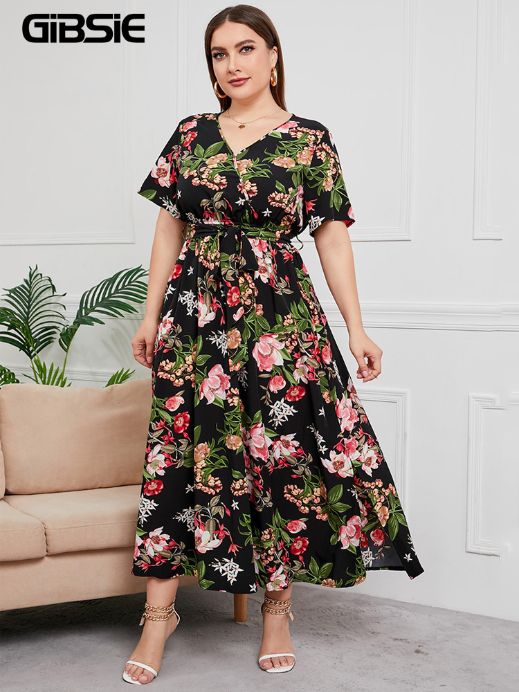 Maxi Dress Boho - GIBSIE Plus Größe V-ausschnitt Floral Print