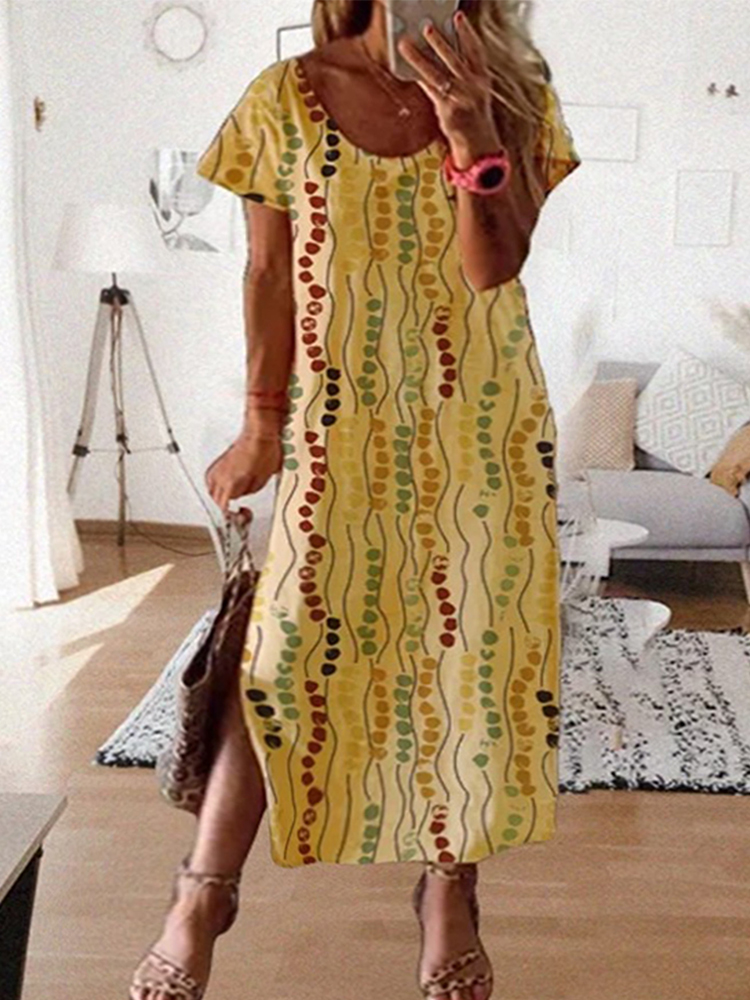 Maxi Dress Boho - Gelbes bedrucktes Midikleid in Übergröße, lockeres