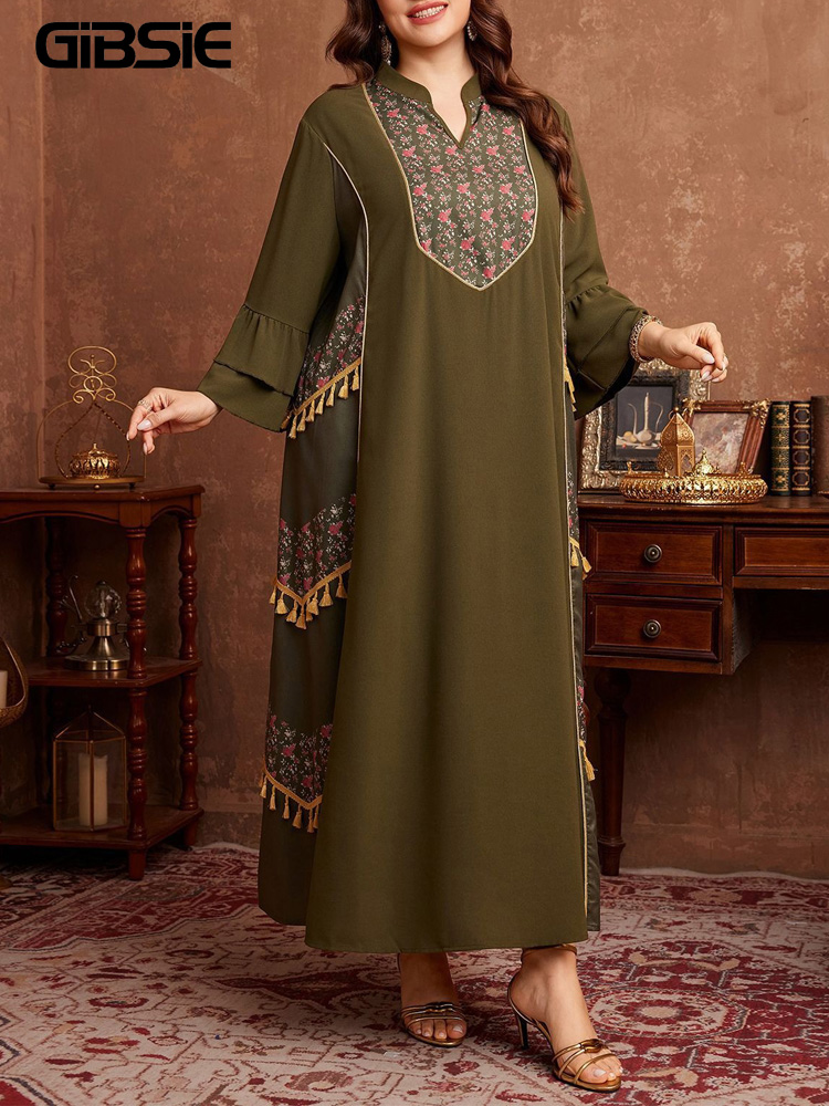 Maxi Dress Boho - GIBSIE Übergröße Ethnischer Stil Bedrucktes Quasten-Abaya-Kleid