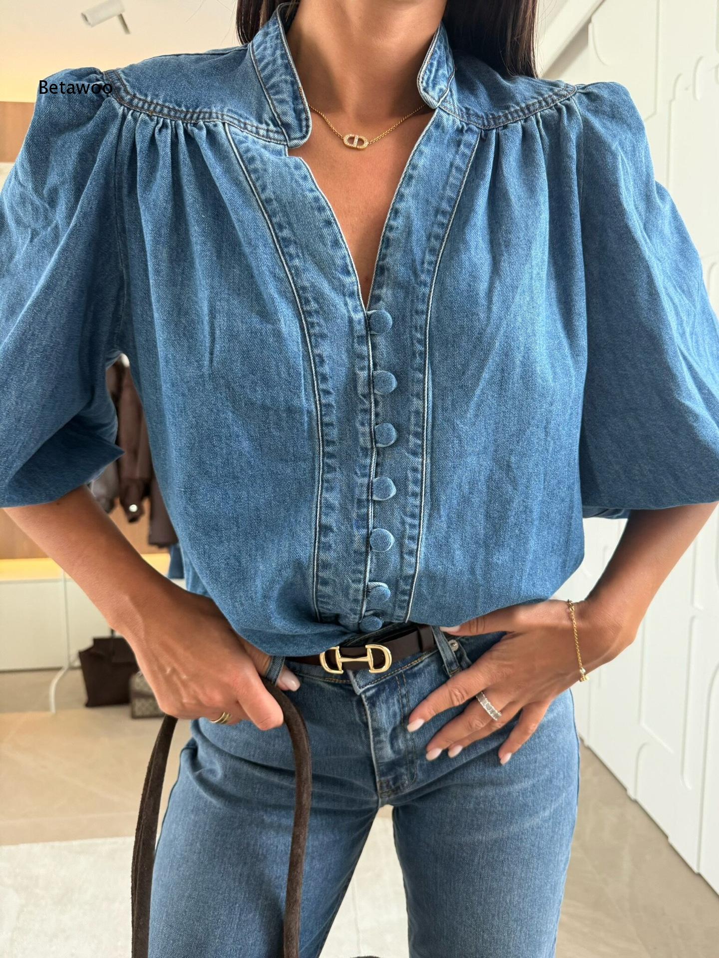 Damen-Stehkragenbluse aus Deni – Puff Sleeve Blouse Bewertung und Preis